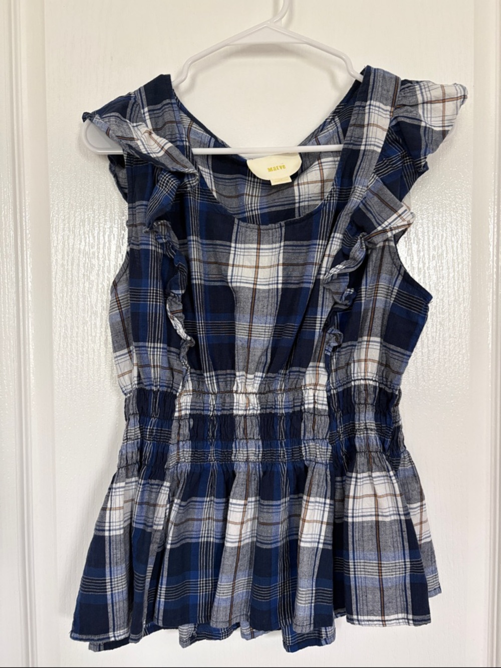 Maeve Navy and White Sleeveless Plaid Ruffle top